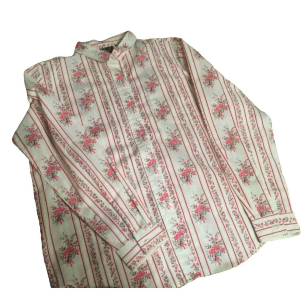 New Vintage Esquel Womens Floral Striped Button-Up Blouse Size 36 Polyester Cott